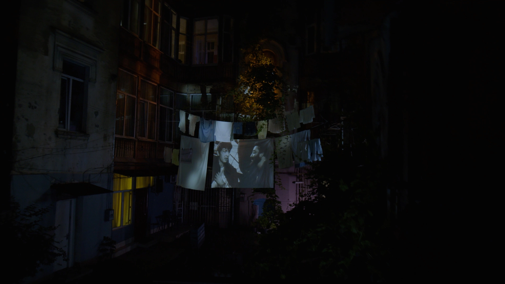 Black and white video projection on fabric screen for Guardian Women artistic project, Tbilisi